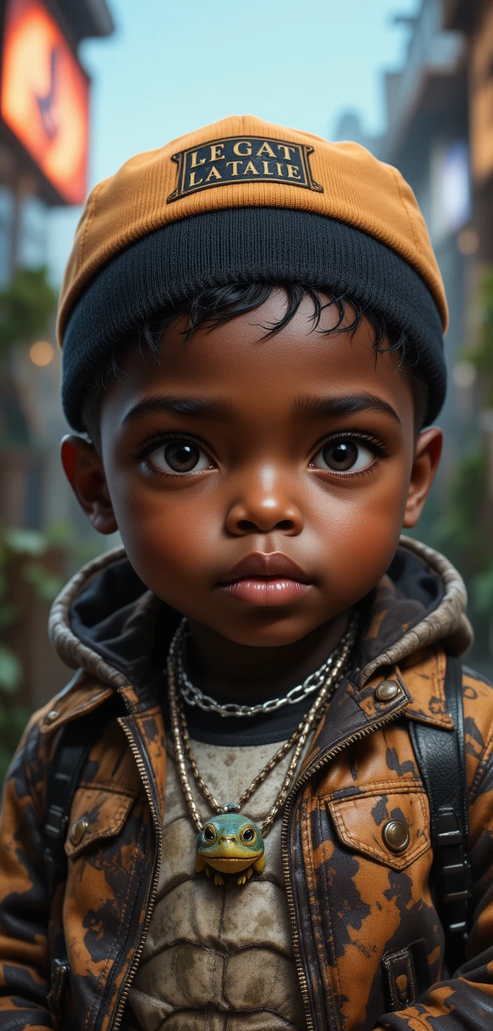 Bebê menino em roupa de rapper urbano com tartaruga na coleira