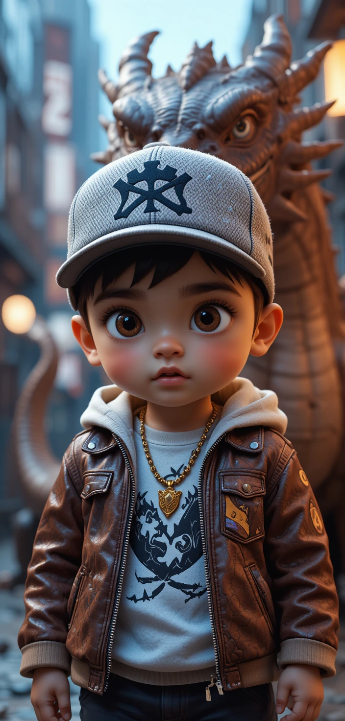 Bebê asiático em roupa de rapper com dragão em estúdio urbano