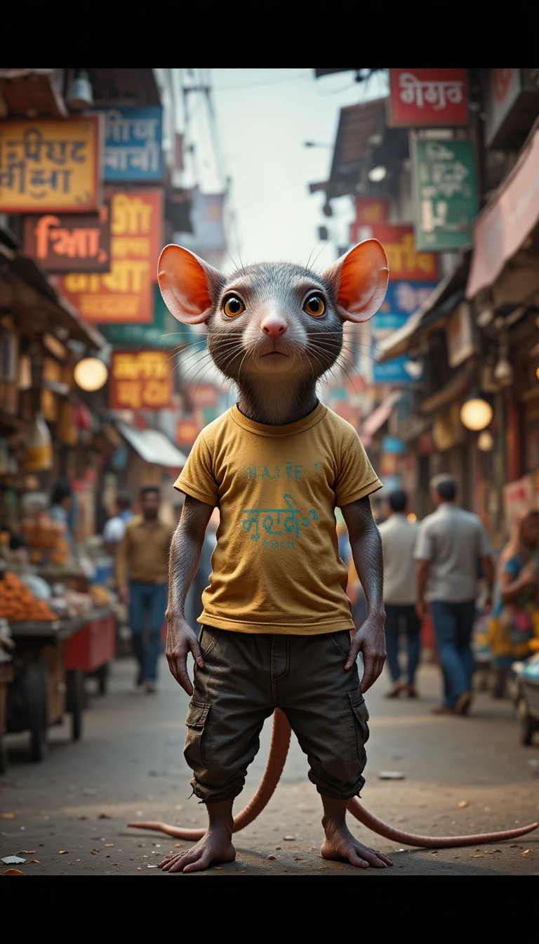 Rat Anthropomorphe dans un Coloré Marché de Rue Indien