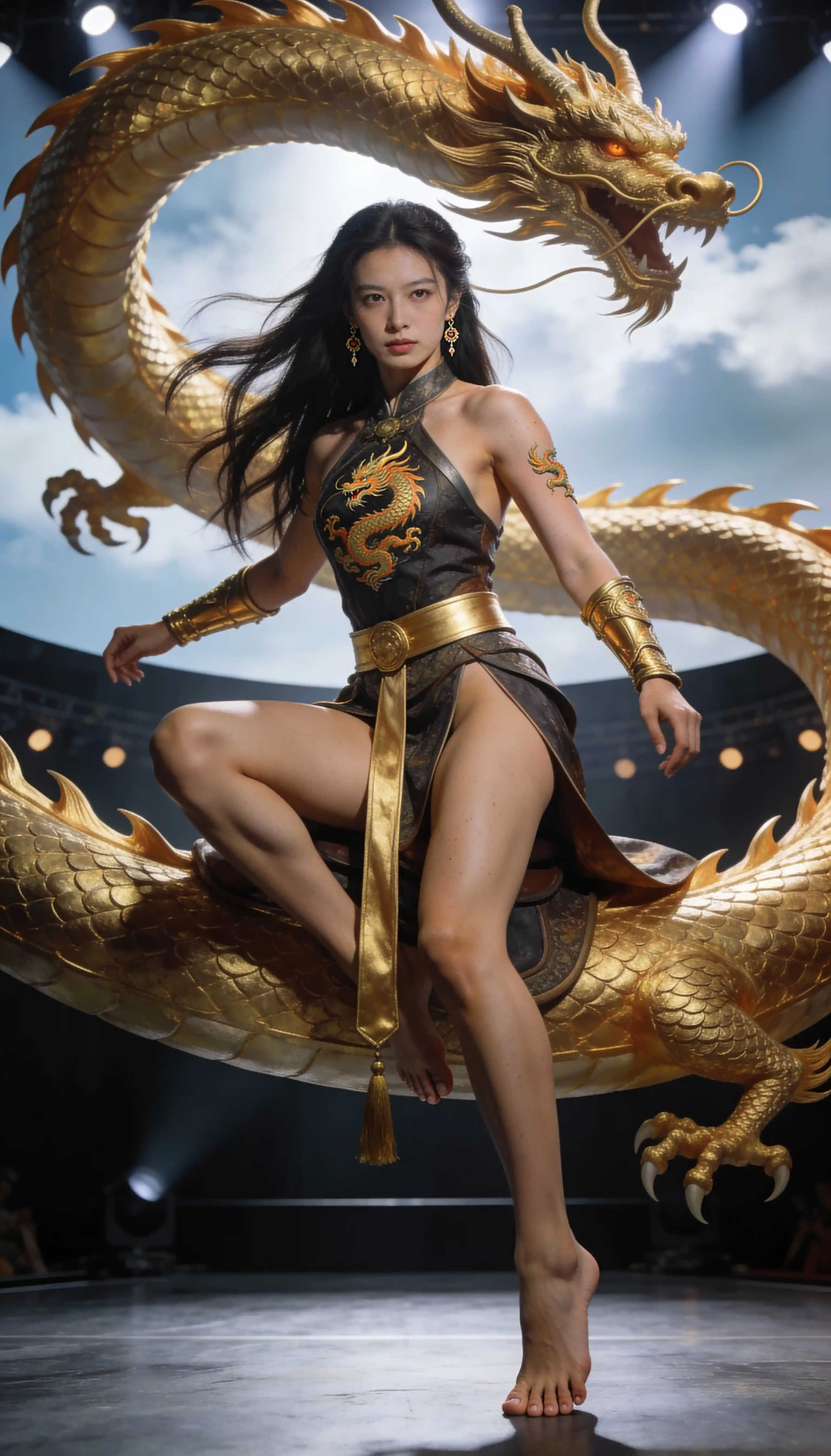Dragon maiden riding a golden dragon under bright spotlight