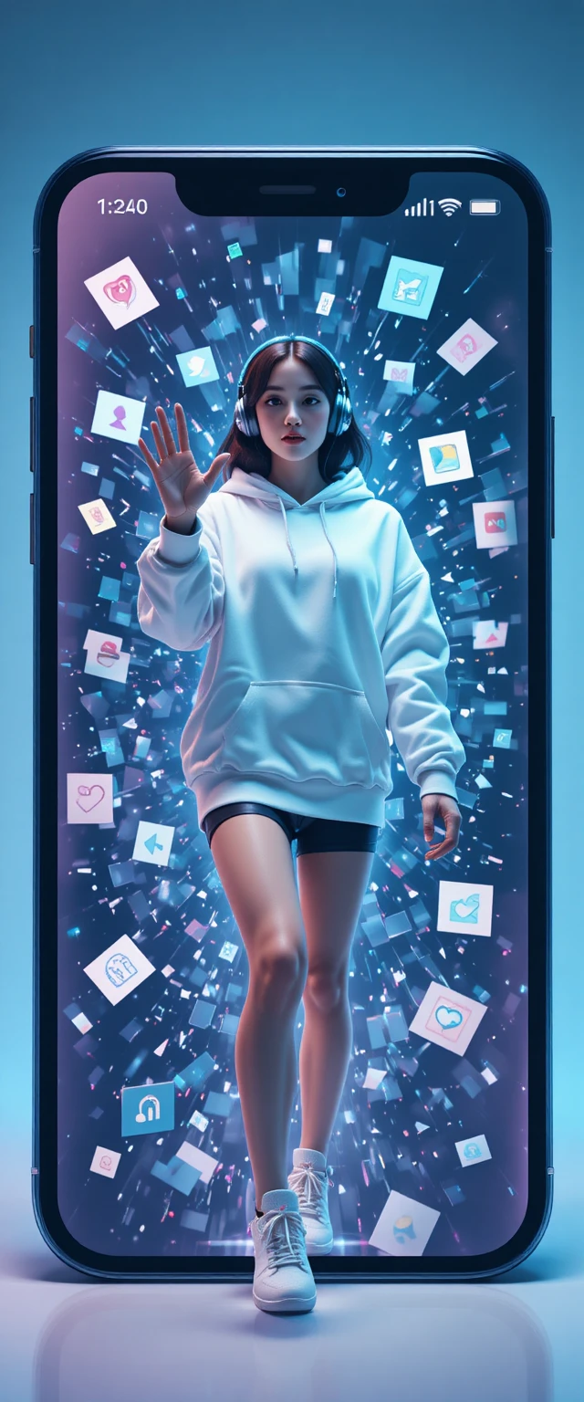 Jovem saindo da tela de um smartphone gigante