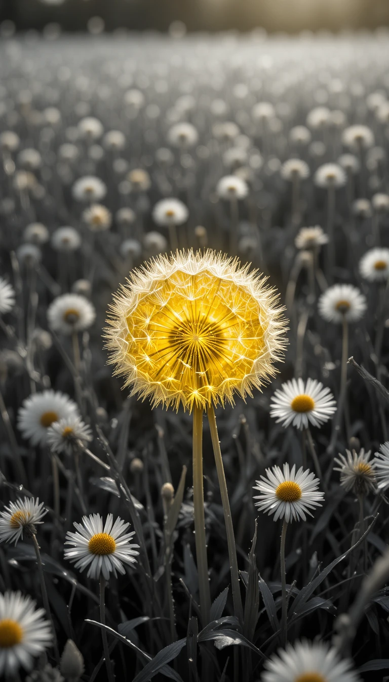 Dente-de-leão amarelo brilhante em um campo monocromático de grama
