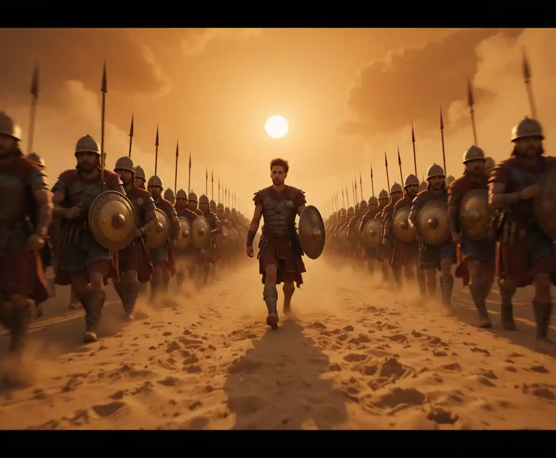 Centurione romano che guida una legione attraverso una tempesta di sabbia del Sahara