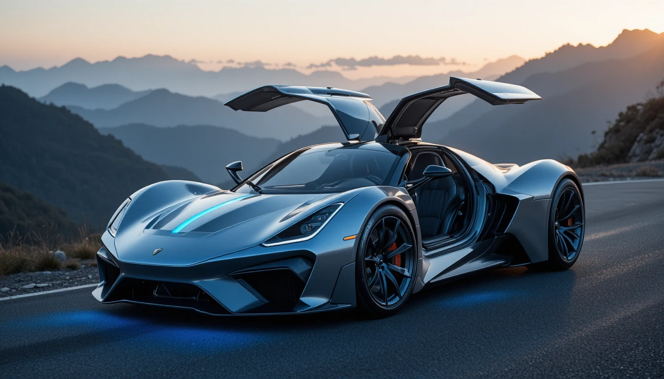 Futuristischer silberner Sportwagen auf kurviger Bergstraße
