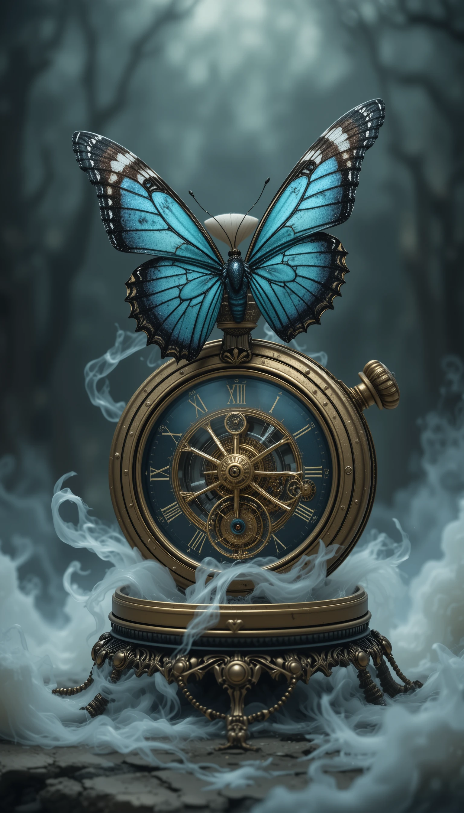 Butterfly On Steampunk Pocket Watch In Haunted Fantasy Scene