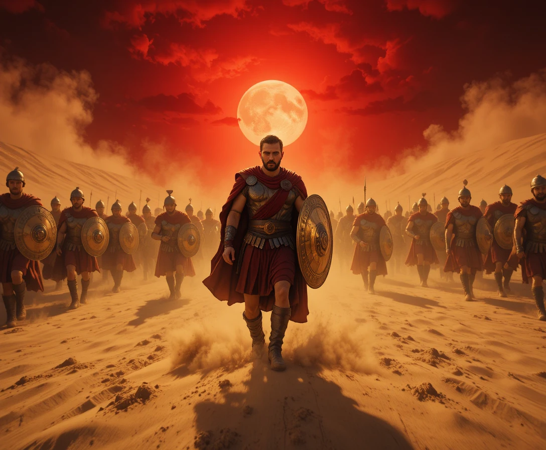 Roman centurion leading legion through Sahara sandstorm at dusk