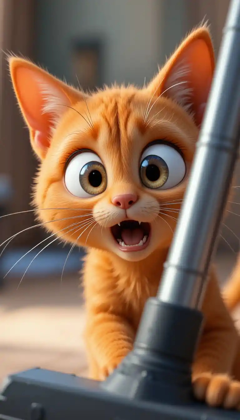 Cute 3D orange cartoon cat with wide scared eyes