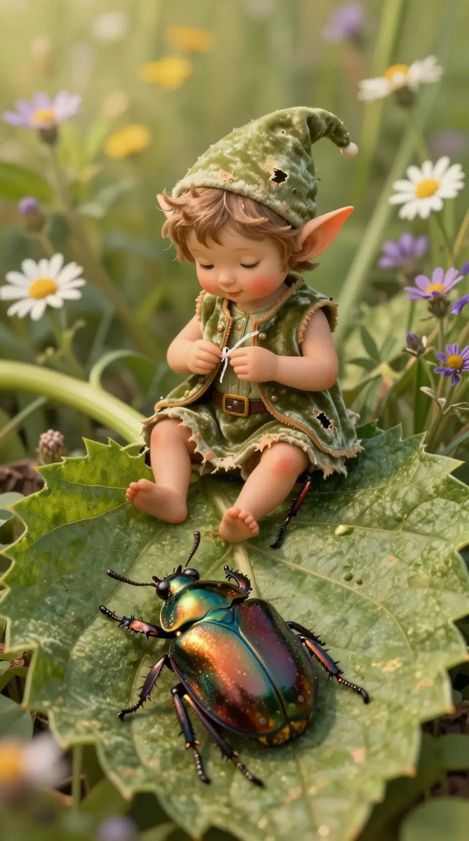 Tiny elf mending her vest on a giant green leaf