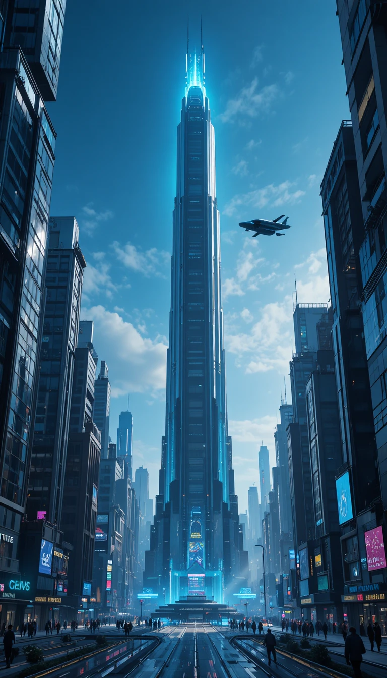 Skyline di città futuristica con imponente grattacielo centrale