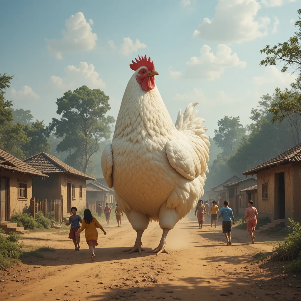 Giant white chicken striding through a dusty village street