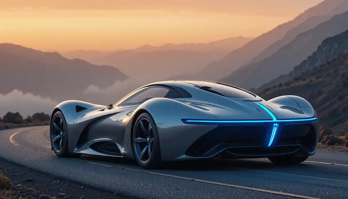 Coche deportivo plateado futurista en una carretera de montaña con niebla