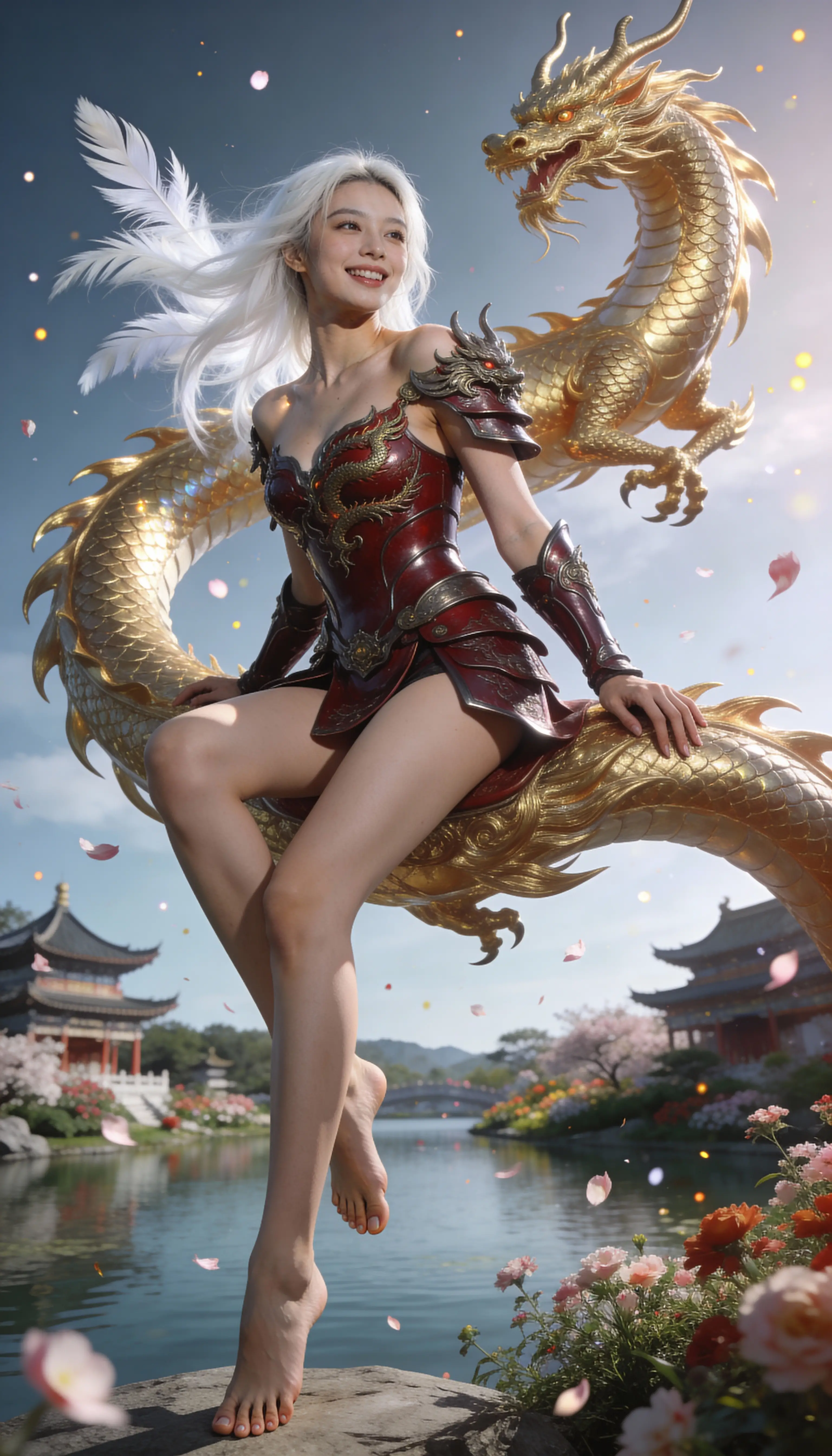 白髪の女戦士が黄金のドラゴンに乗る