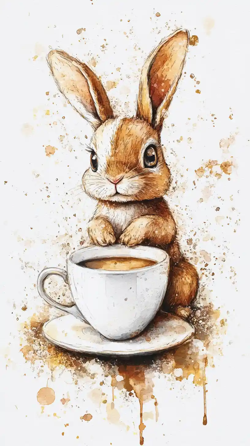 Festive New Year rabbit with coffee in glittery art style