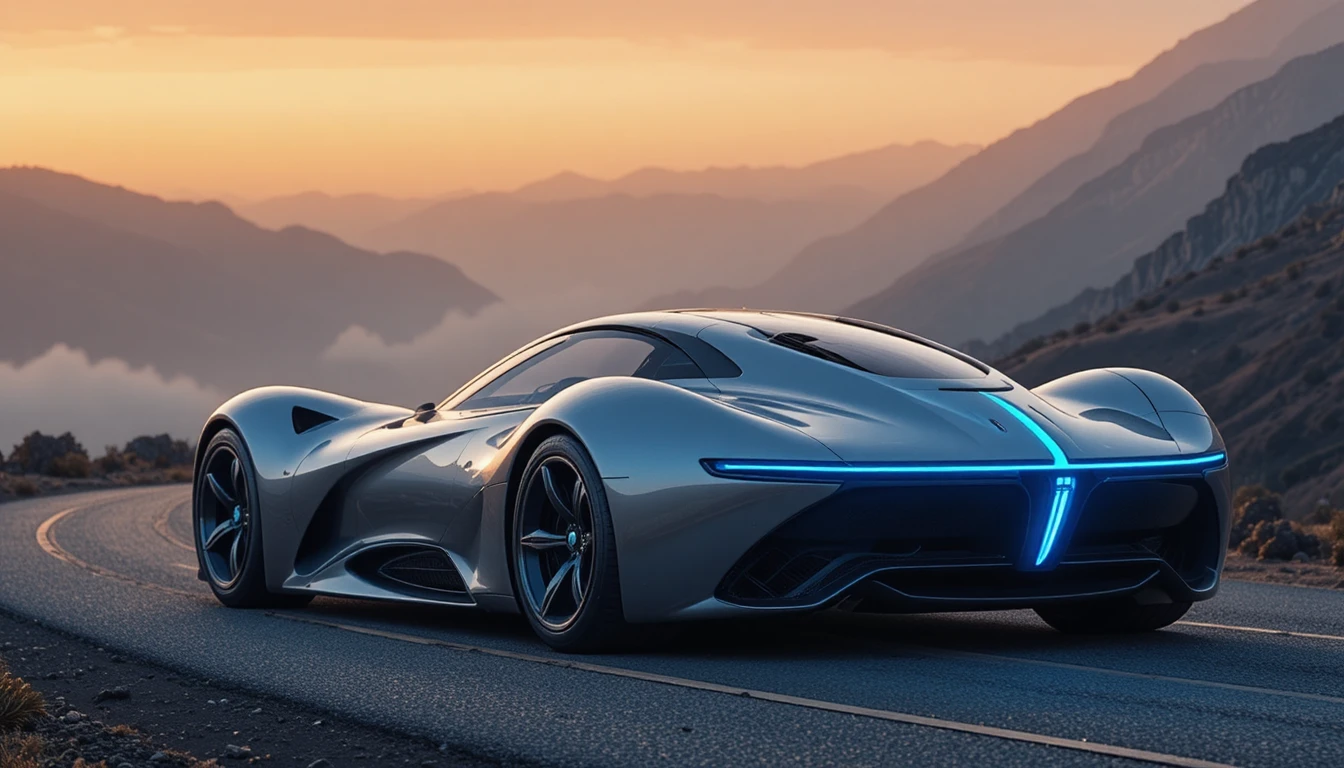 Futuristischer silberner Sportwagen auf einer nebligen Bergstraße