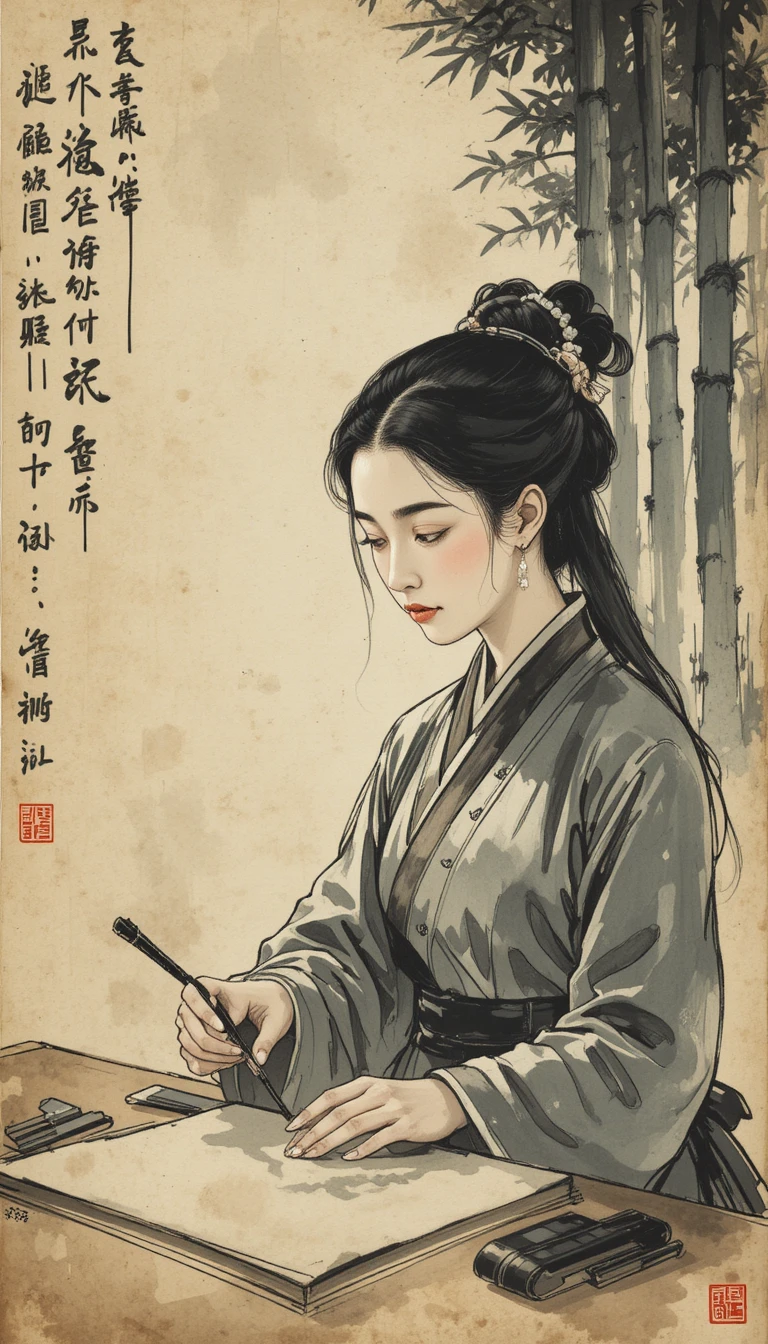 古びた書道紙に向き合う中国水墨画家