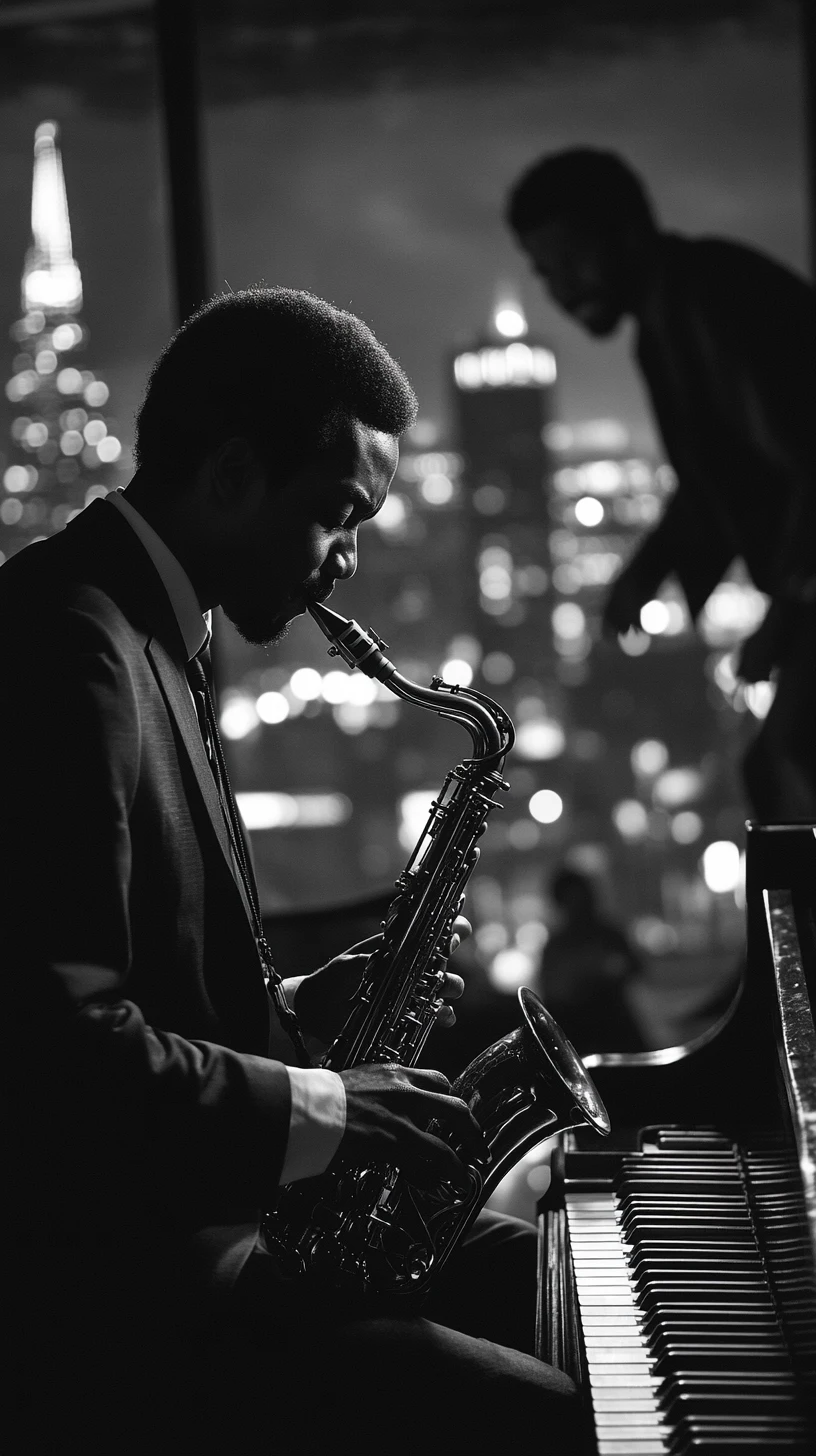 Jazz musicians performing in a black and white city club