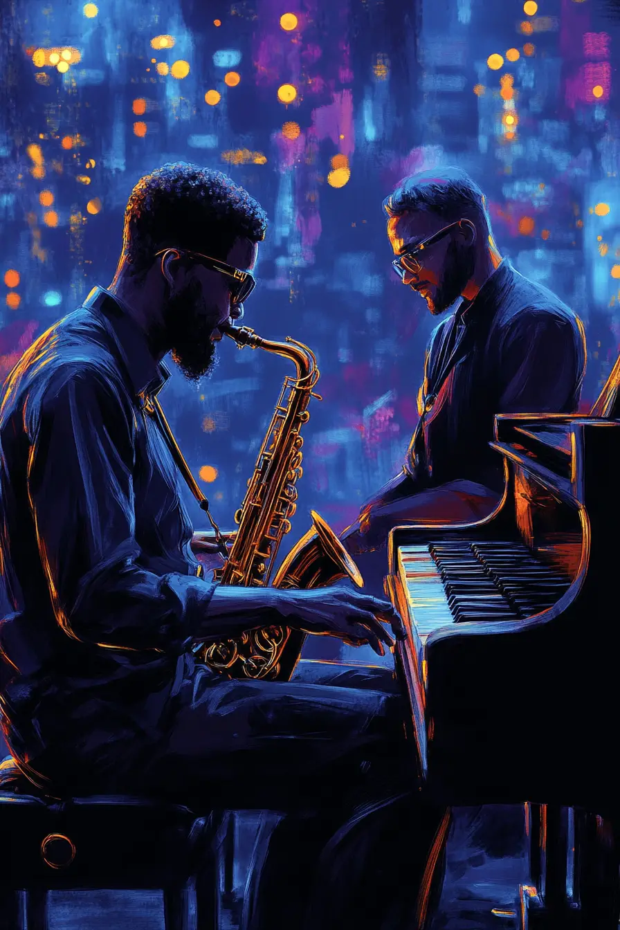 Elegant jazz musicians performing in a luxurious city club