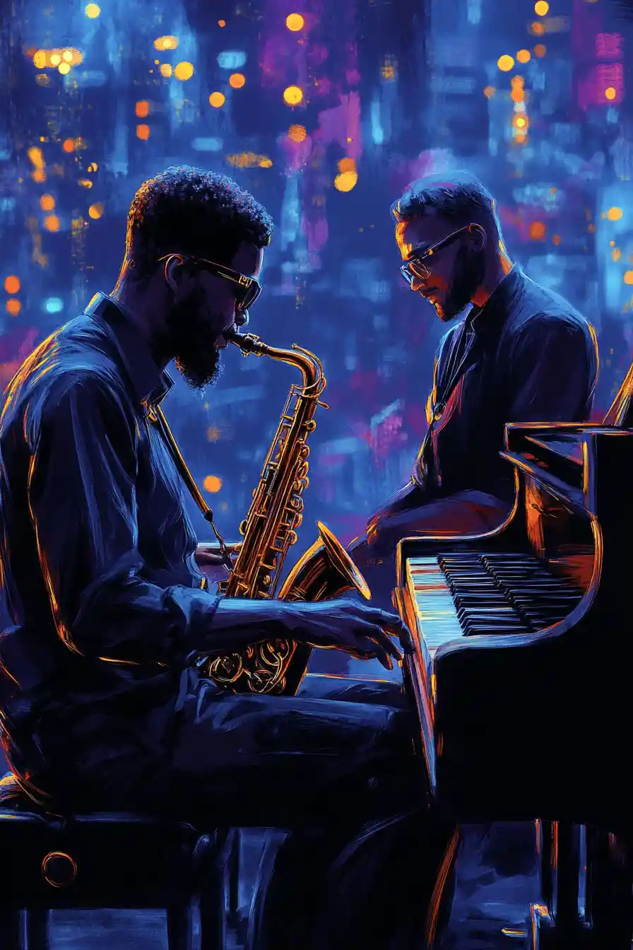 Elegant jazz musicians performing in a luxurious city club