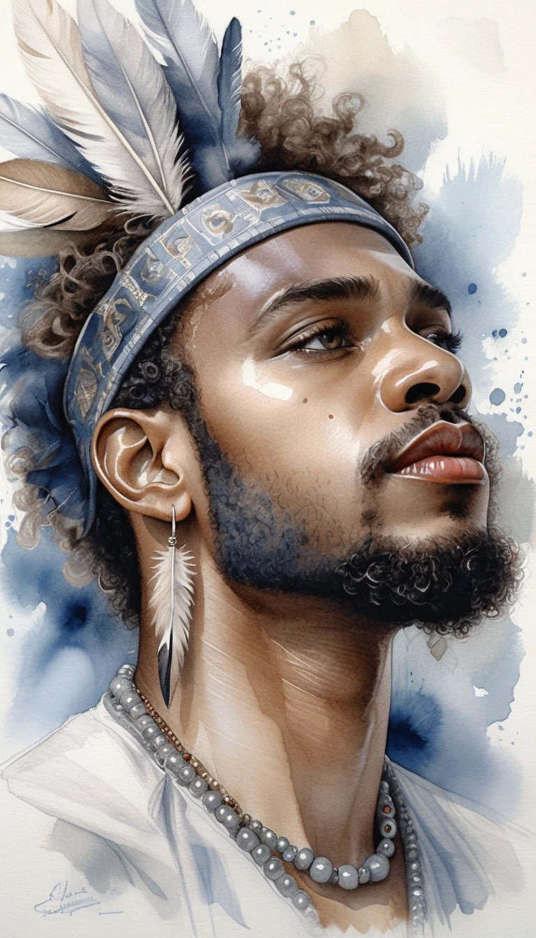 Serene close up portrait of a Black man in feathered headband