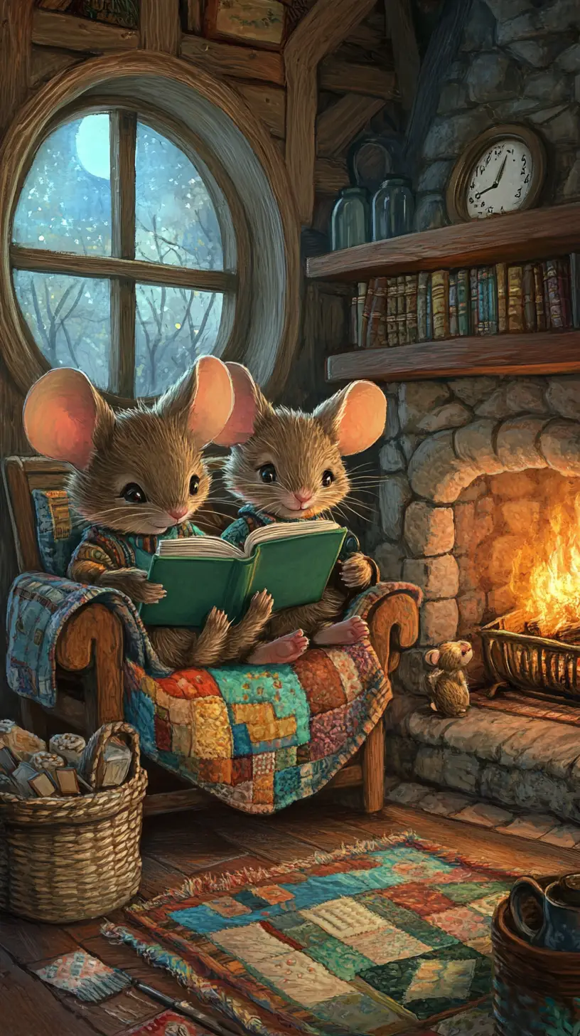 Zwei gemütliche Mäuse lesen zusammen am Kamin