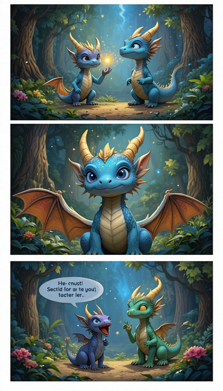 Dragon bleu timide avec étincelle magique dans la jungle