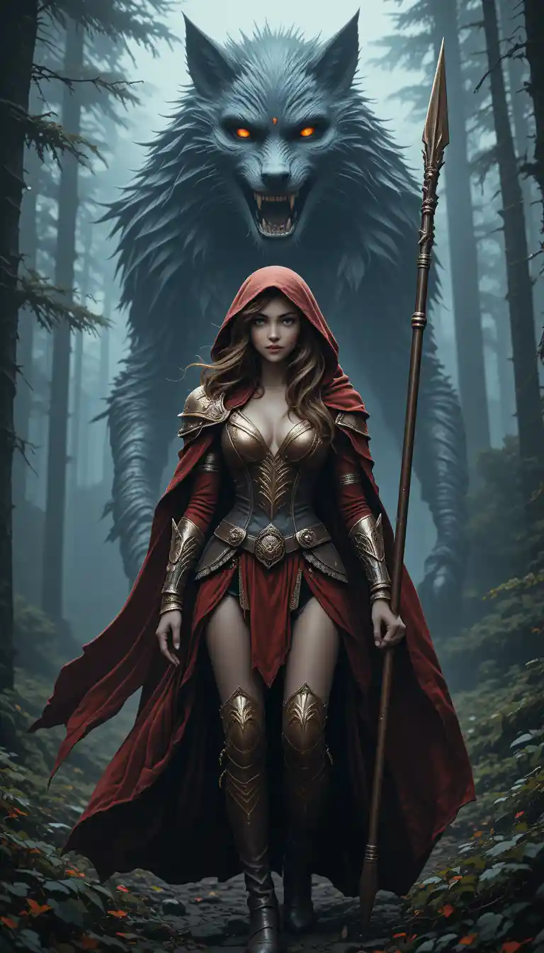 Warrior Red Riding Hood Faces A Menacing Forest Wolf