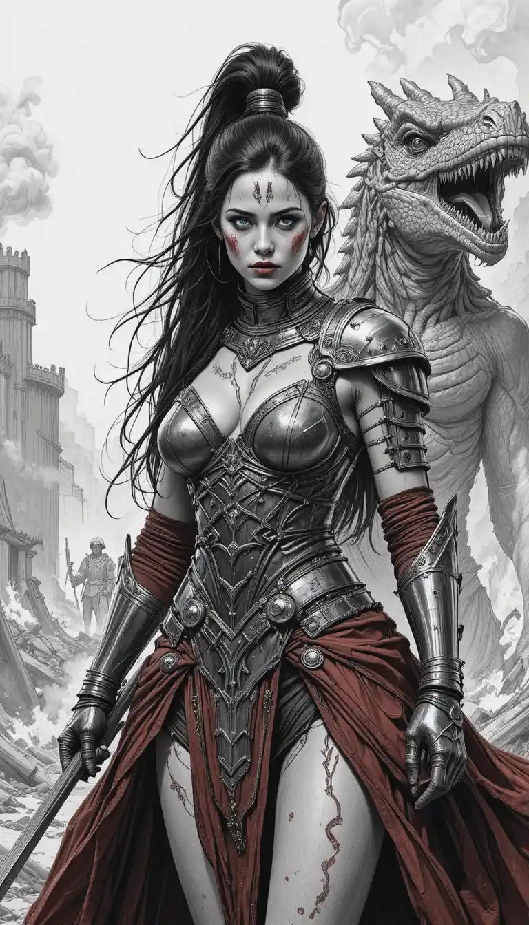 Battle hardened warrior woman in a burning wasteland
