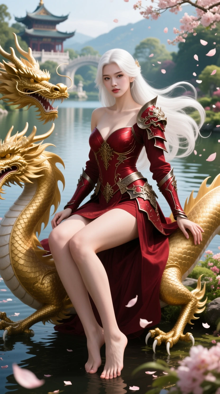 White haired woman in dragon armor riding golden dragon