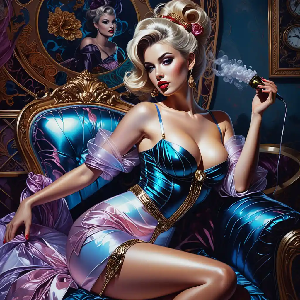 Stylized pinup woman in neon lit boudoir lingerie scene
