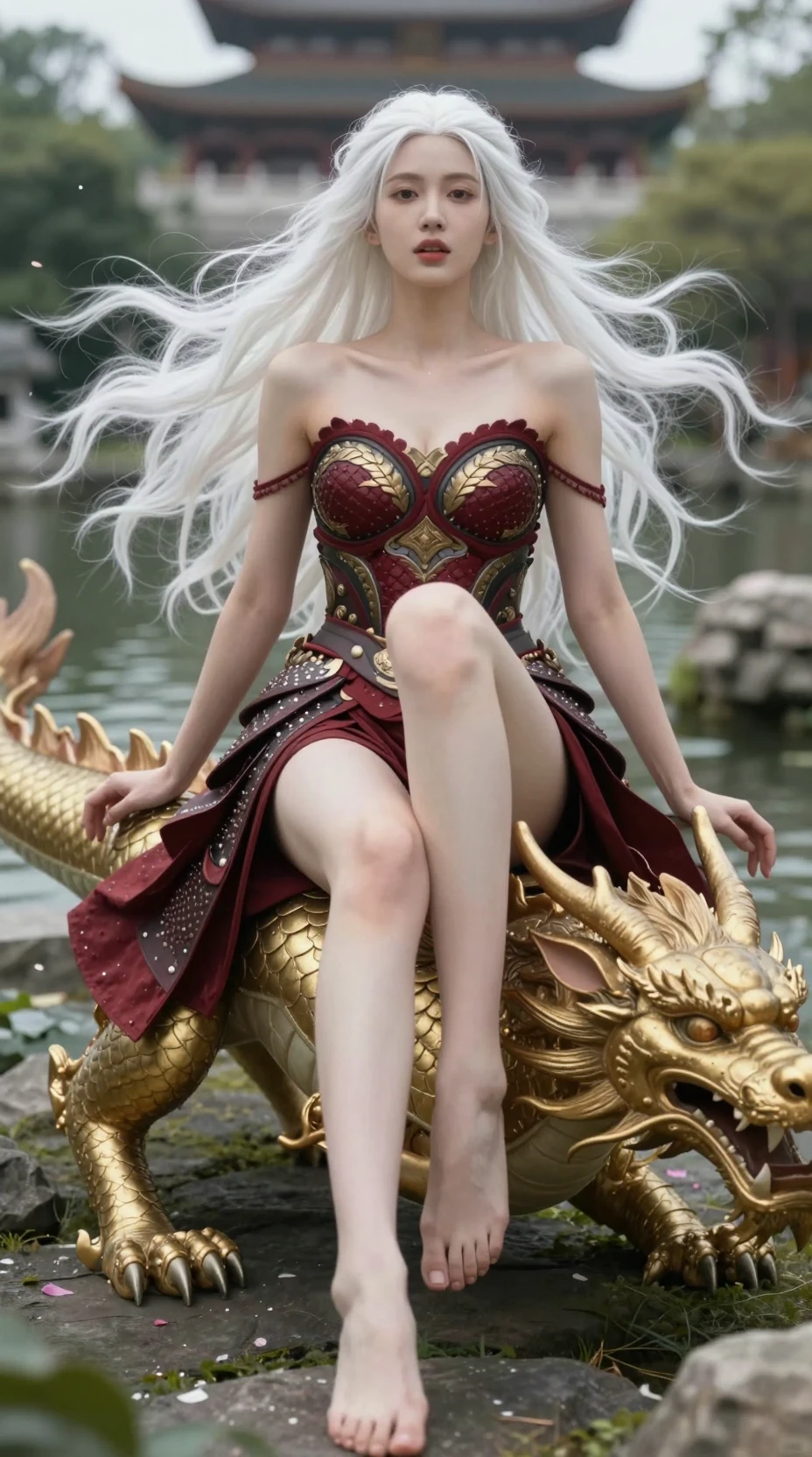 Donna dai capelli bianchi in armatura da drago che cavalca un drago dorato