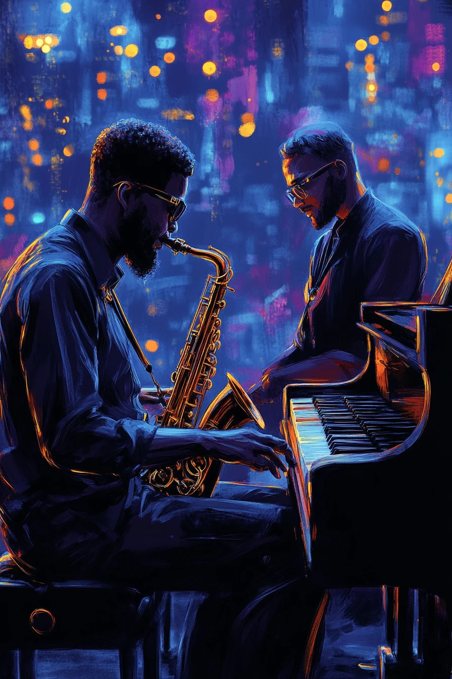 Elegant jazz musicians performing in a luxurious city club