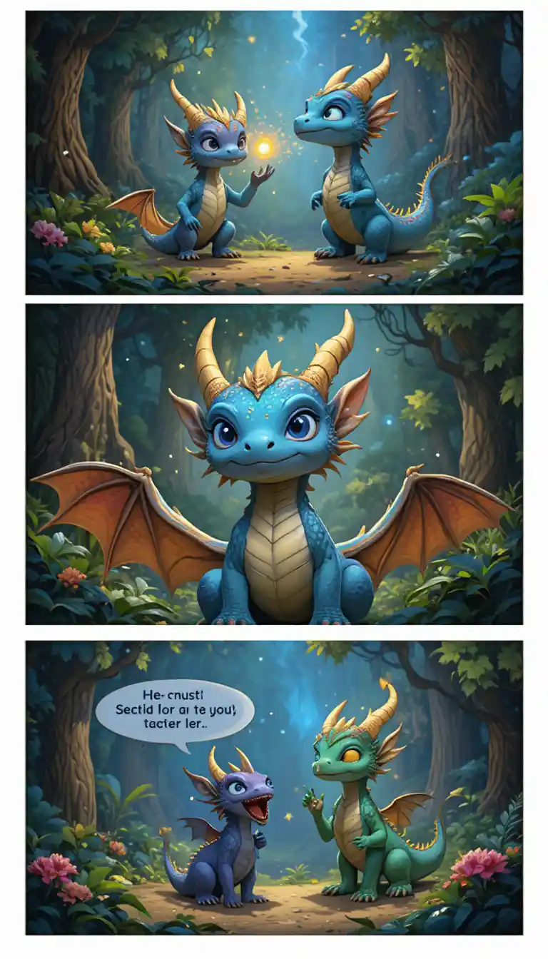 Shy blue dragon with magic spark in a jungle