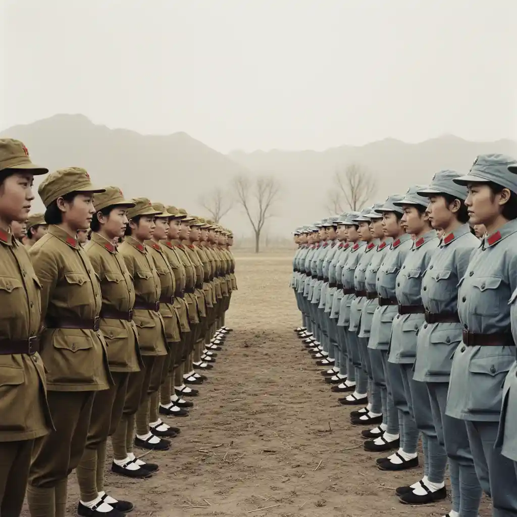 戰時隊形中彼此對峙的中國女兵