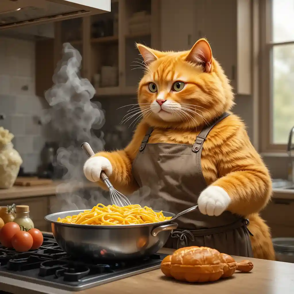 Gato laranja cozinhando macarrão em uma cozinha moderna e elegante