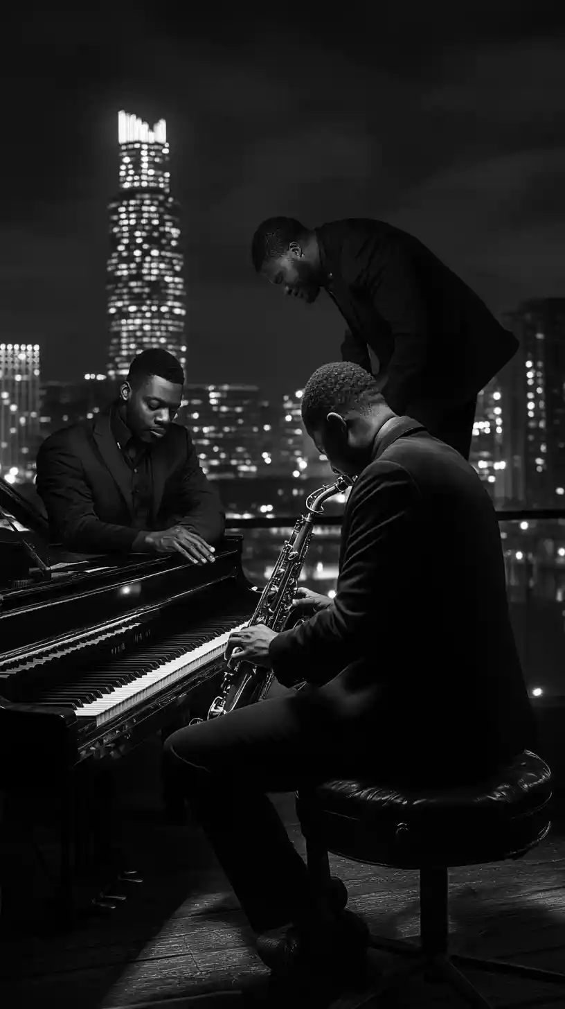 Musiciens de jazz jouant dans un club intime avec vue sur la skyline de la ville