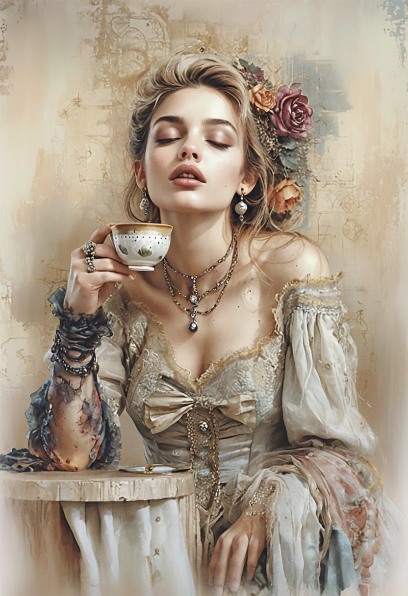 Elegant woman in red gown seated at a cafe table