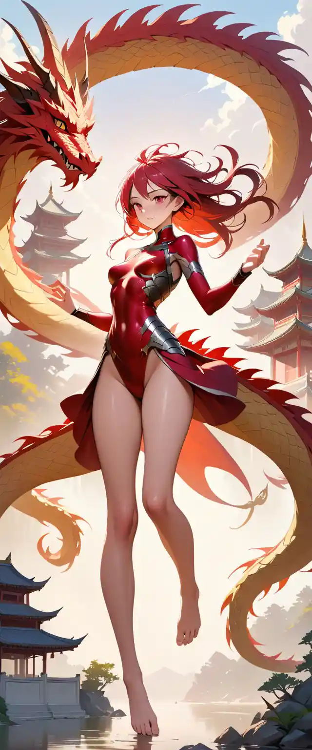 White haired warrior woman riding a golden dragon