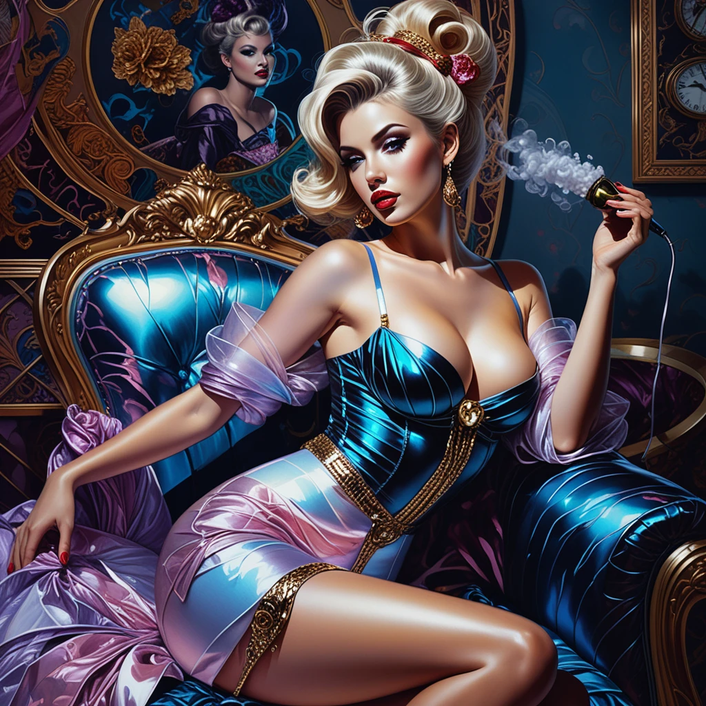 Stylized pinup woman in neon lit boudoir lingerie scene