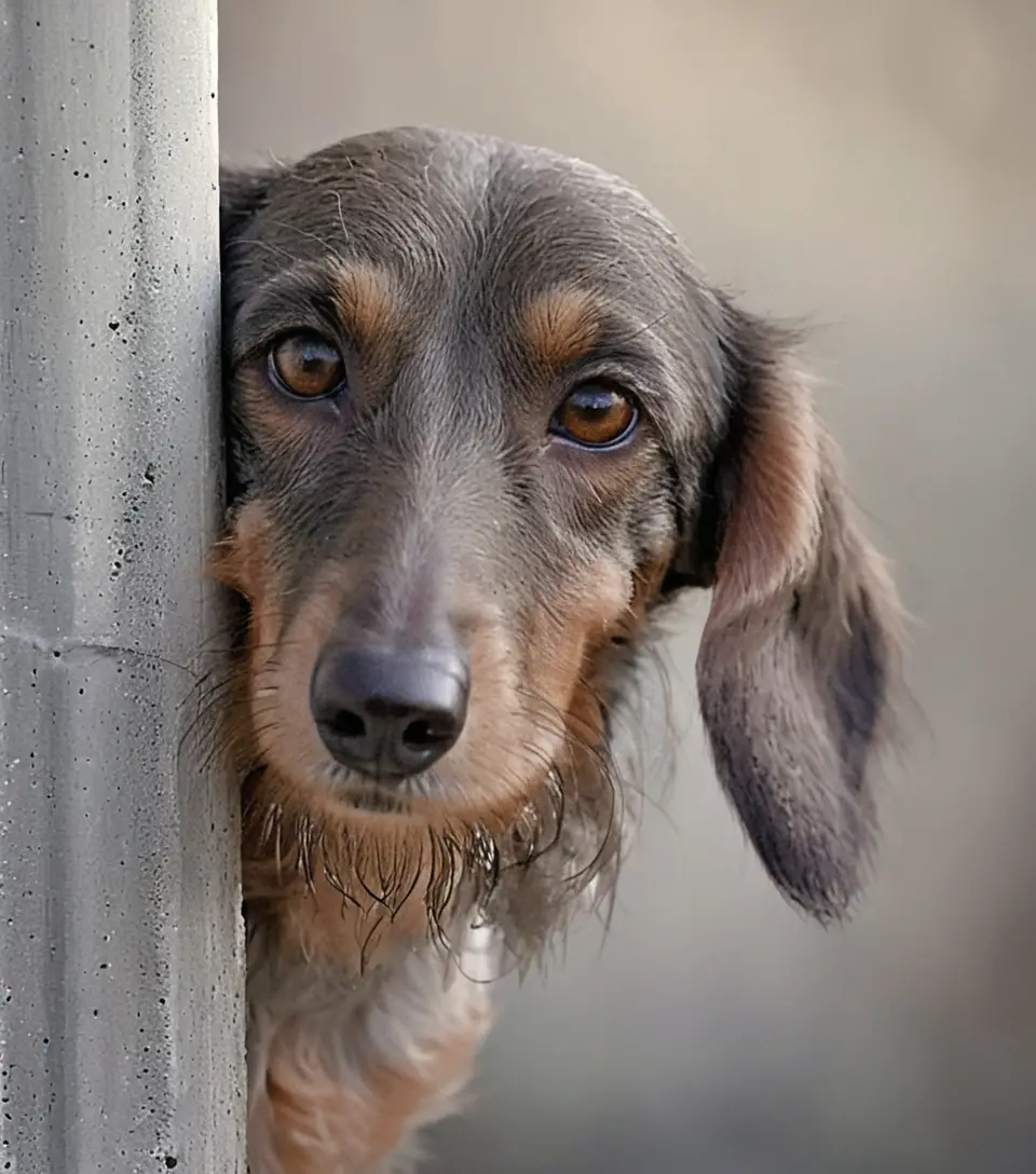 Shy wirehaired dachshund peeking from behind a concrete wall