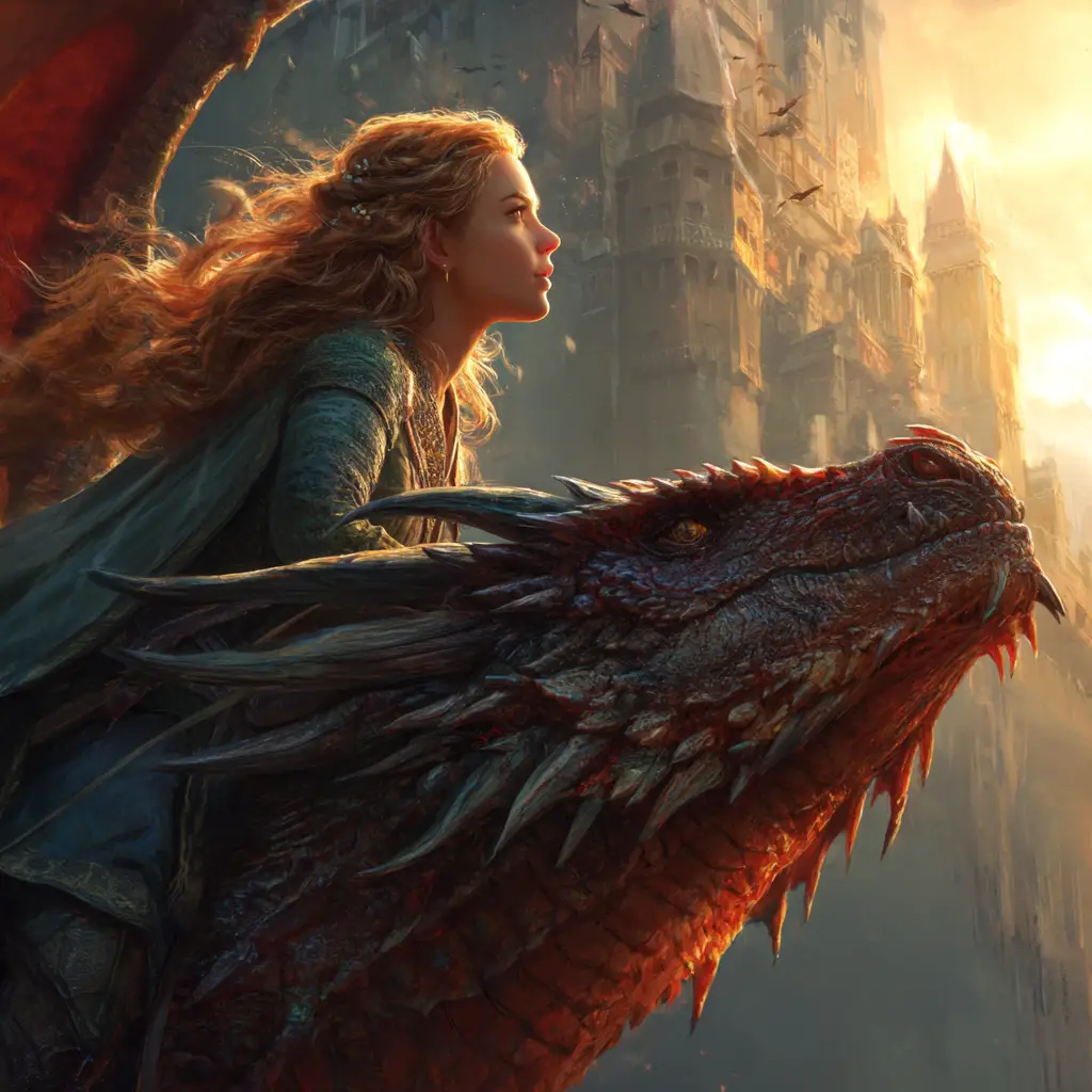 Fantasie-Frau reitet auf Drache über Schloss bei Sonnenuntergang
