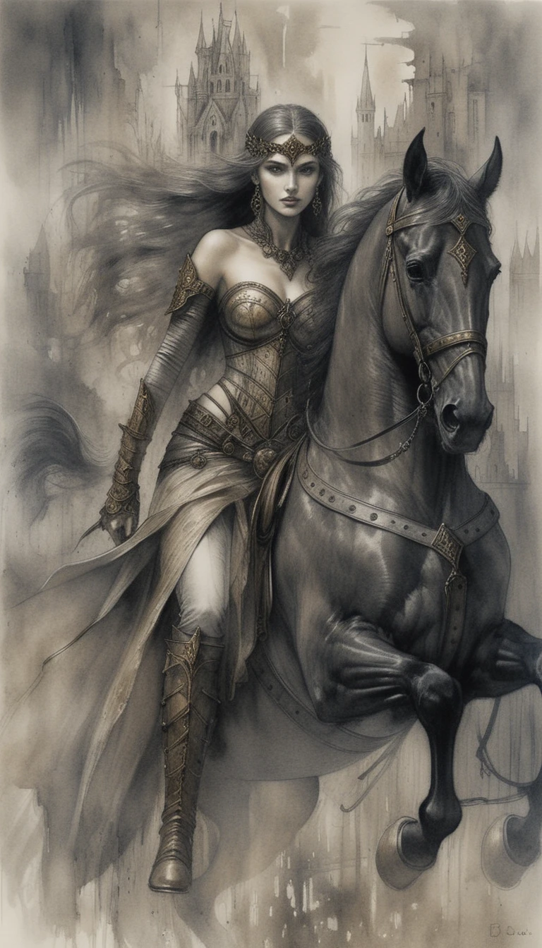 Regina guerriera dark fantasy su destriero nero tra le rovine