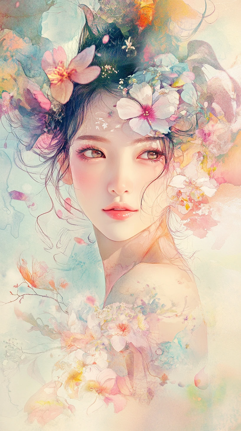 Whimsical woman in surreal floral dreamlike illustration