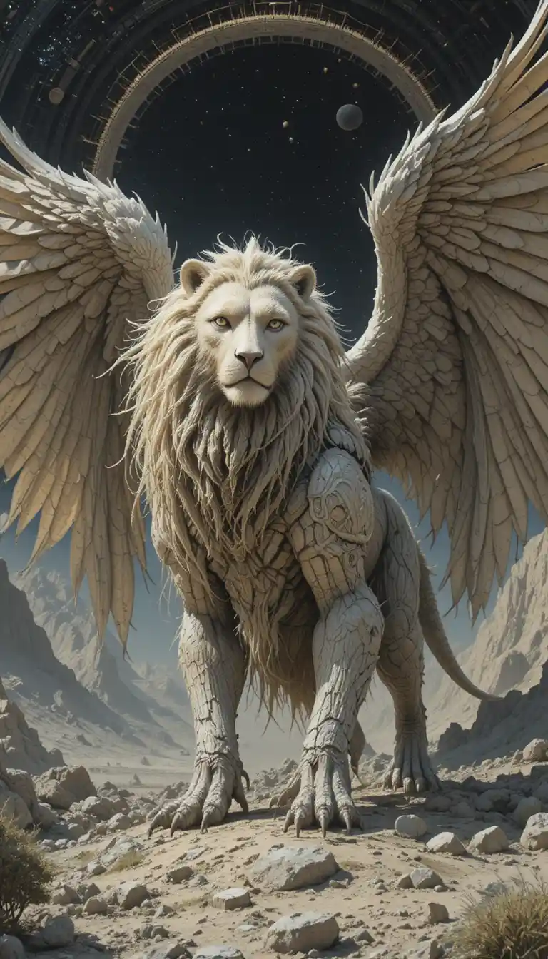 Winged lion chimera rising upright with humanlike stance