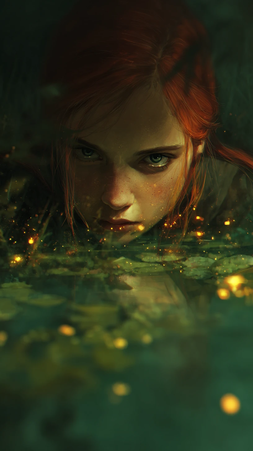 Jolie fille aux cheveux de feu près d’un mystérieux lac vert