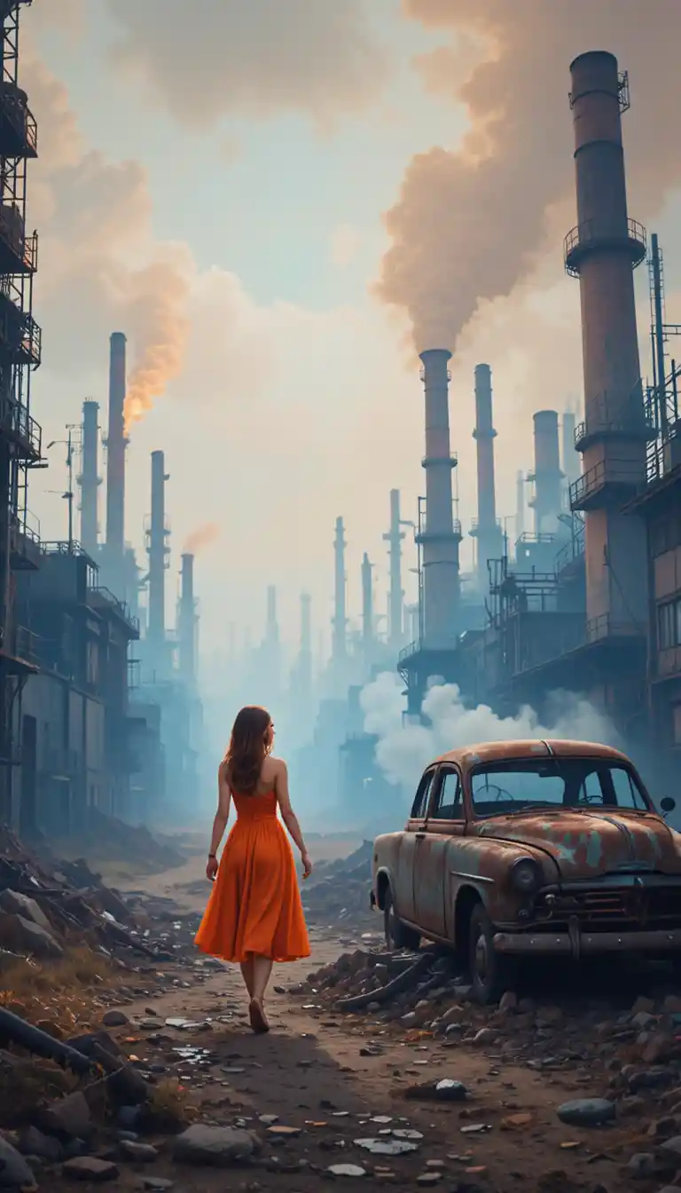 Woman in orange dress walking through surreal industrial ruins