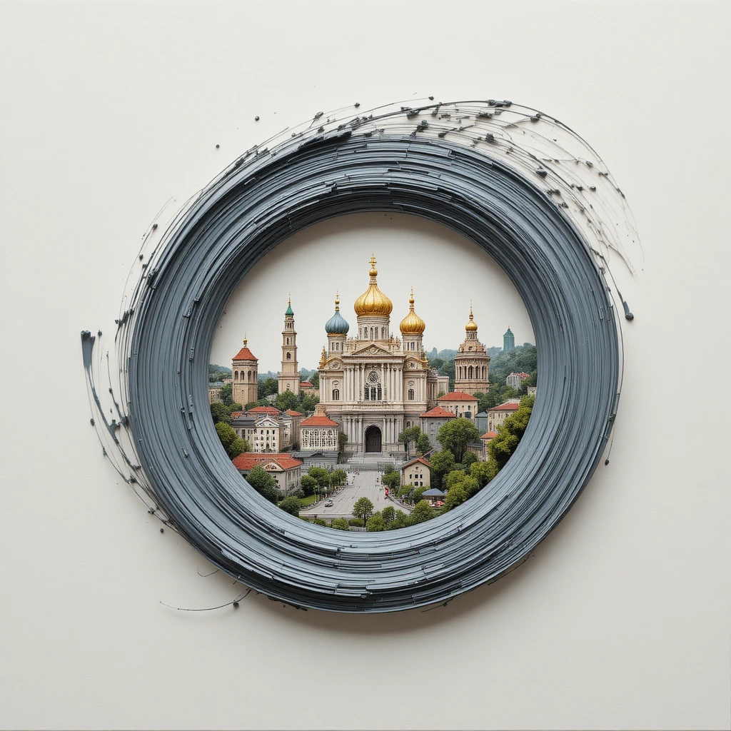 Paisagem urbana de Krasnodar em pinceladas formando um anel pintado fluido