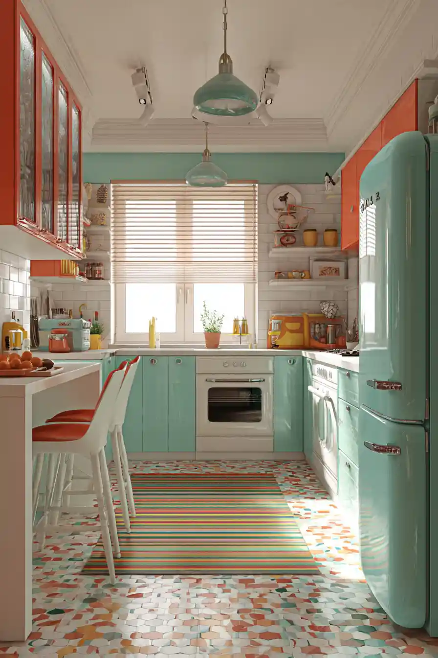 Retro kitchen interior with bold vintage color accents