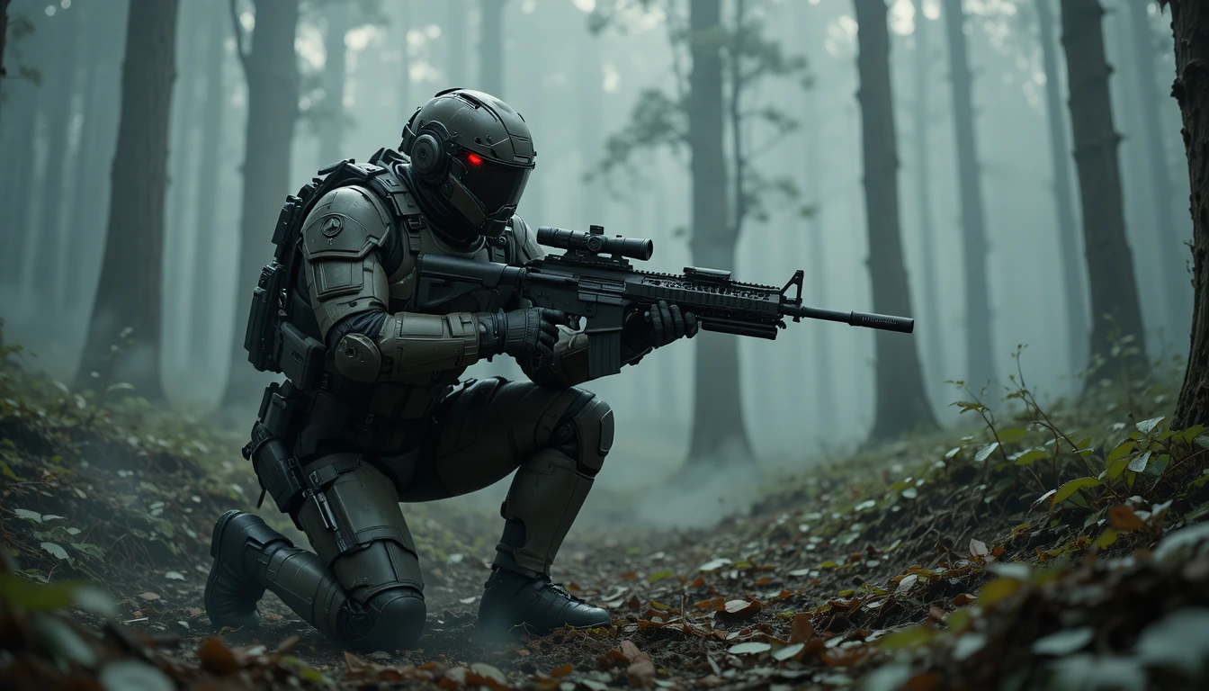 Armored Sci Fi Soldier Kneeling In A Foggy Forest