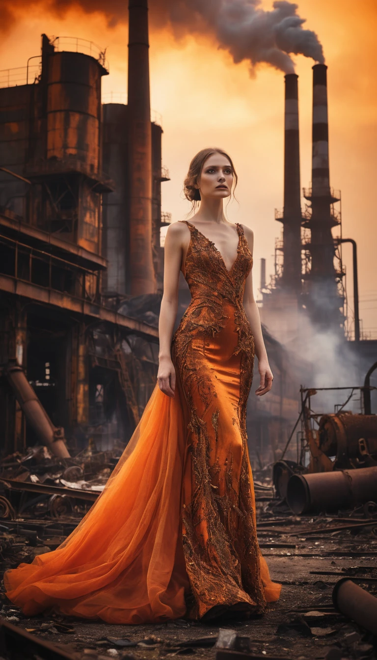 Donna mistica in abito arancione che attraversa rovine industriali