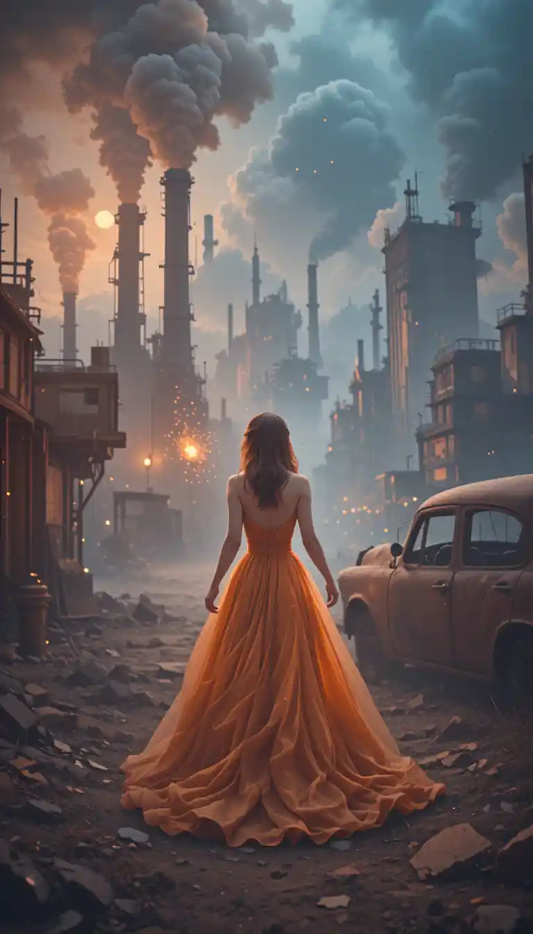 Woman in orange dress walking through ruined industrial city